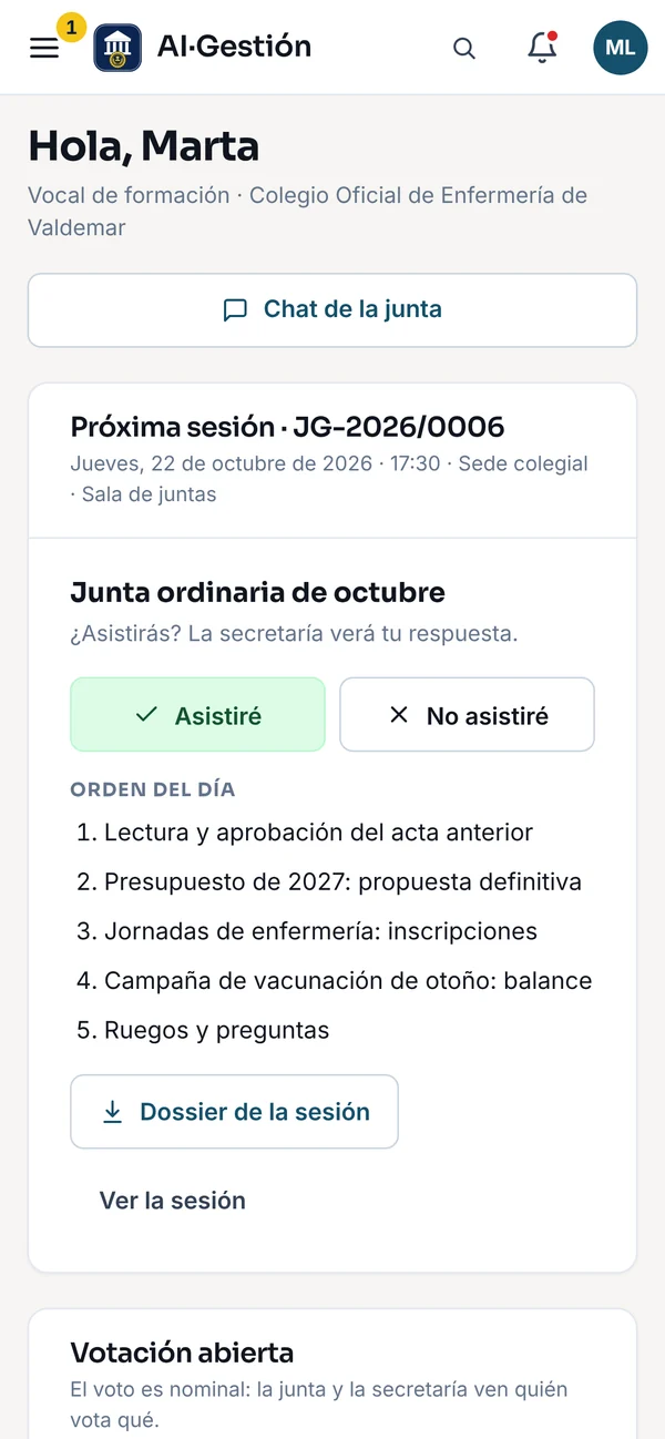 Mi junta en el móvil: próxima sesión con el orden del día, botones Asistiré y No asistiré y el dossier de la sesión