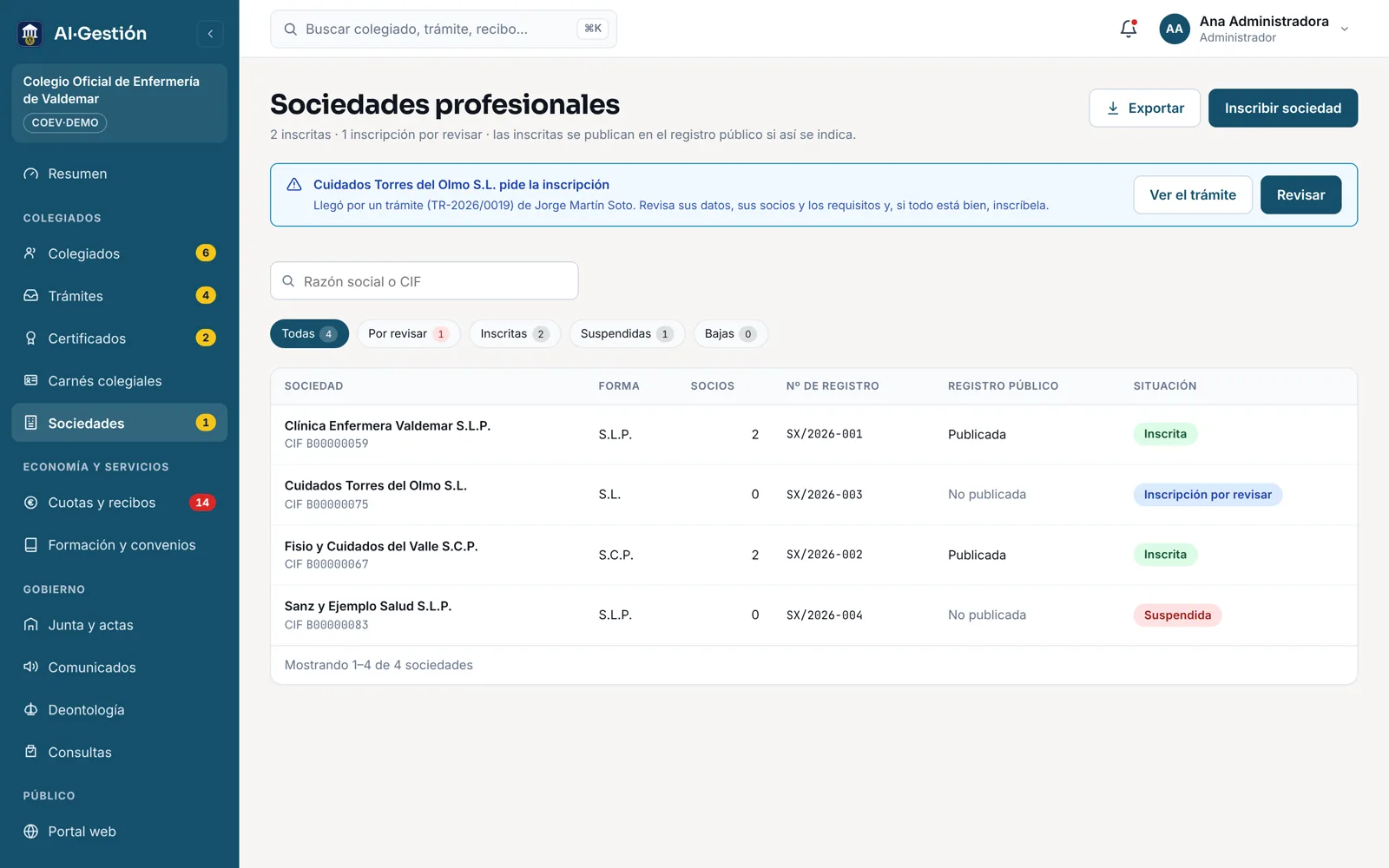 Sociedades profesionales: cuatro sociedades con su forma, socios, número de registro, publicación y situación